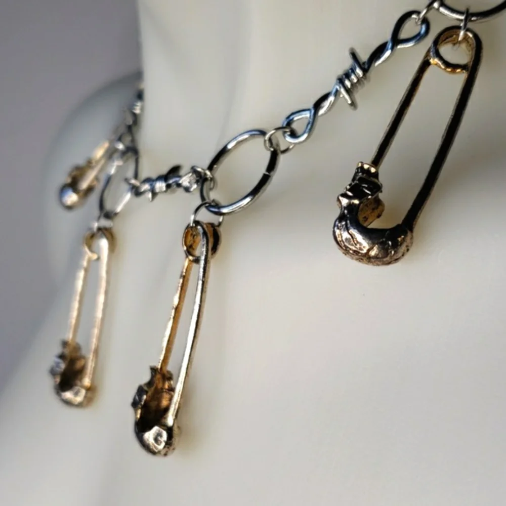 Silver gold skull punk goth emo safety pin choker necklace - Picture 6 of 10